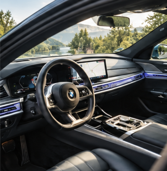 BMW Interieur mit Ambient Lighting und Navigation bei Sonnenuntergang