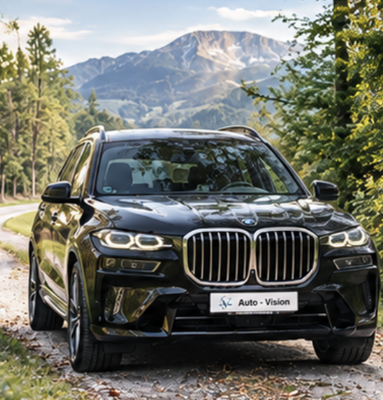BMW X7 auf einem Waldweg in der Abenddämmerung