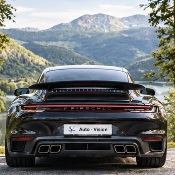 Porsche 911 Turbo mit Auto-Vision Kennzeichen vor Bergsee